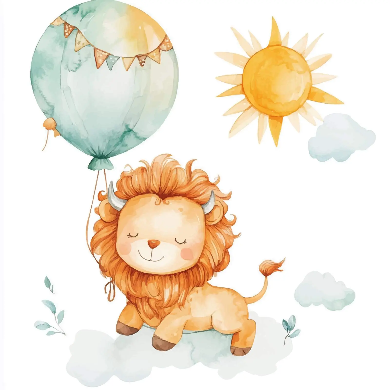 Cartoon Watercolor Balloon Lion with Sun and Clouds — free download from Dotvec