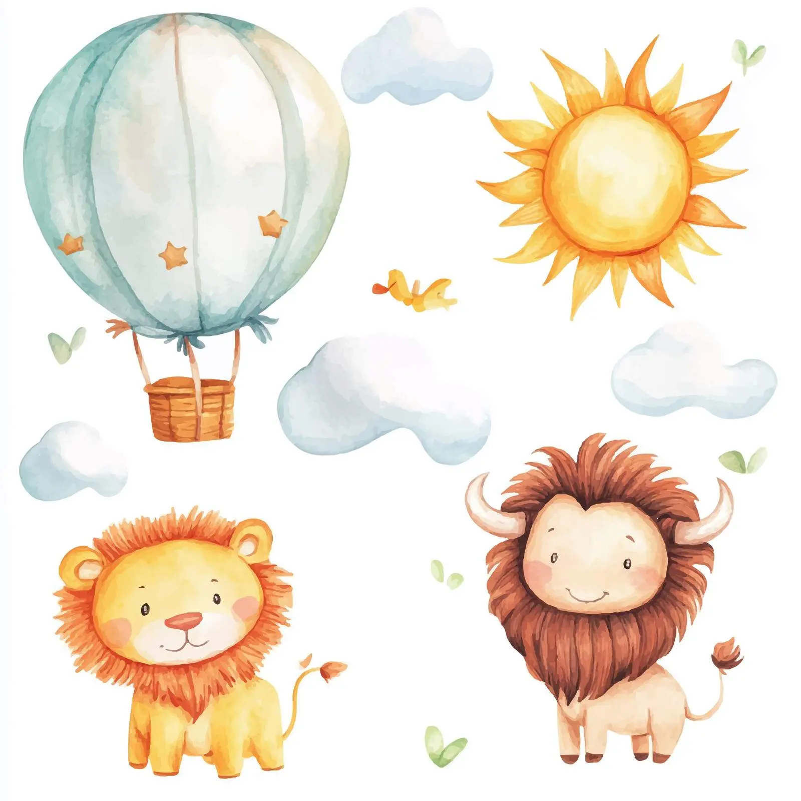 Whimsical Watercolor Cartoon Balloon Lion and Bull – free childrens art image from Dotvec