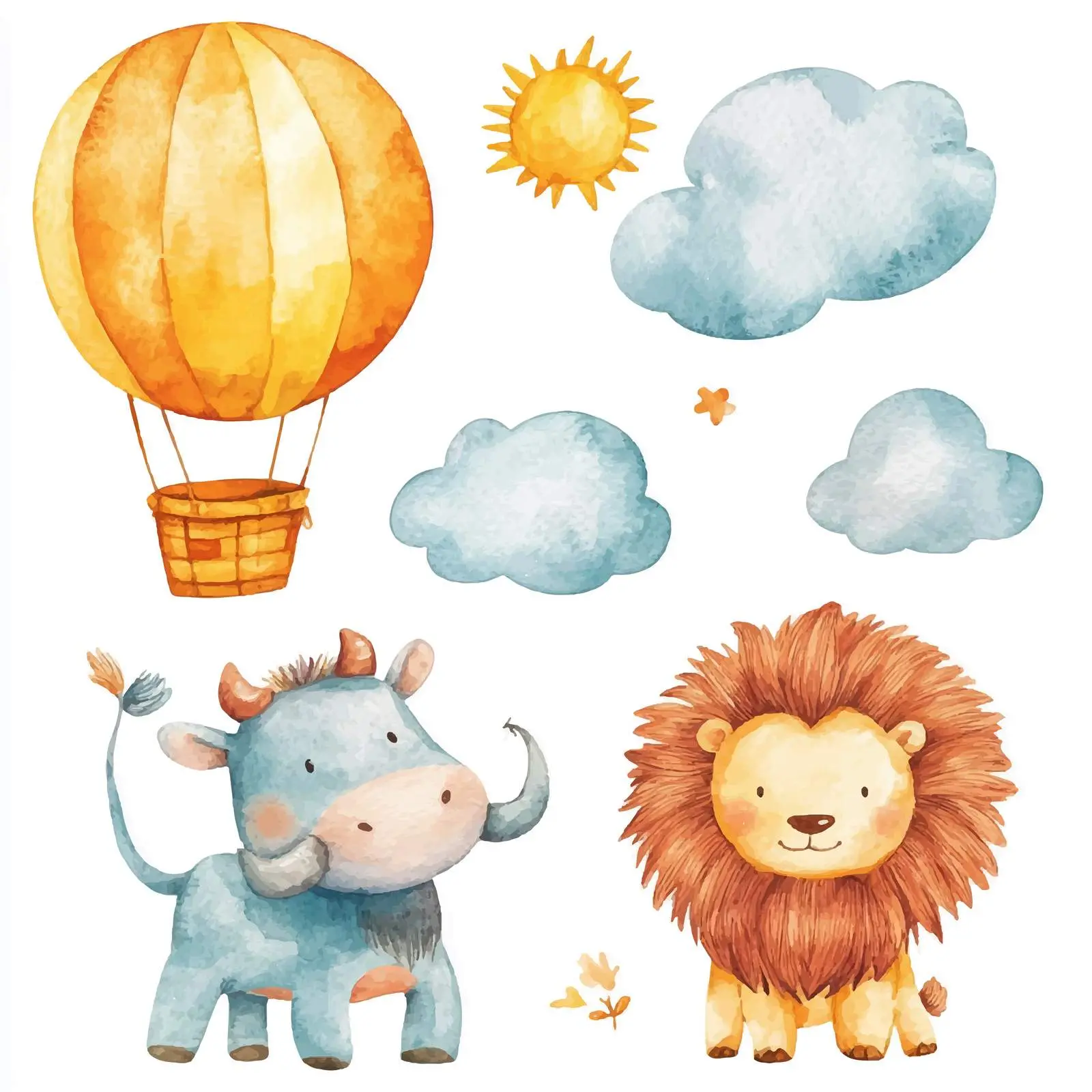 Cartoon Watercolor Balloon Lion with Sun and Clouds — free download from Dotvec