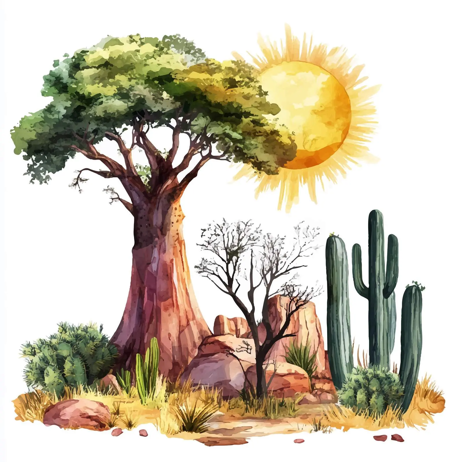 Cartoon African Landscape with Baobab and Cacti – free african image from Dotvec