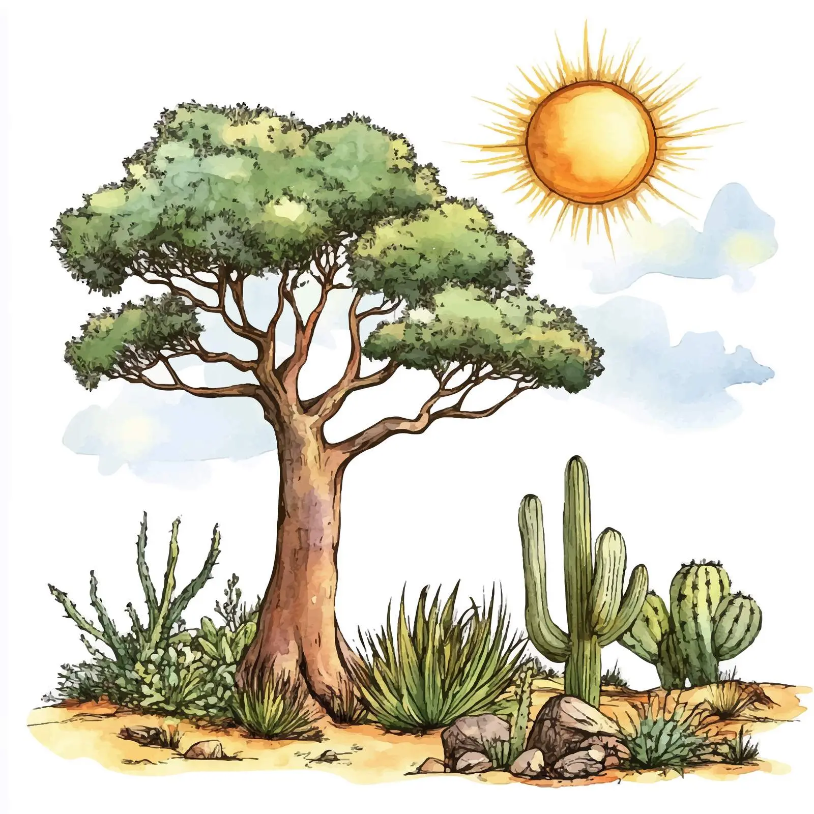 Cartoon African Landscape with Baobab and Cacti – free tropical design image from Dotvec