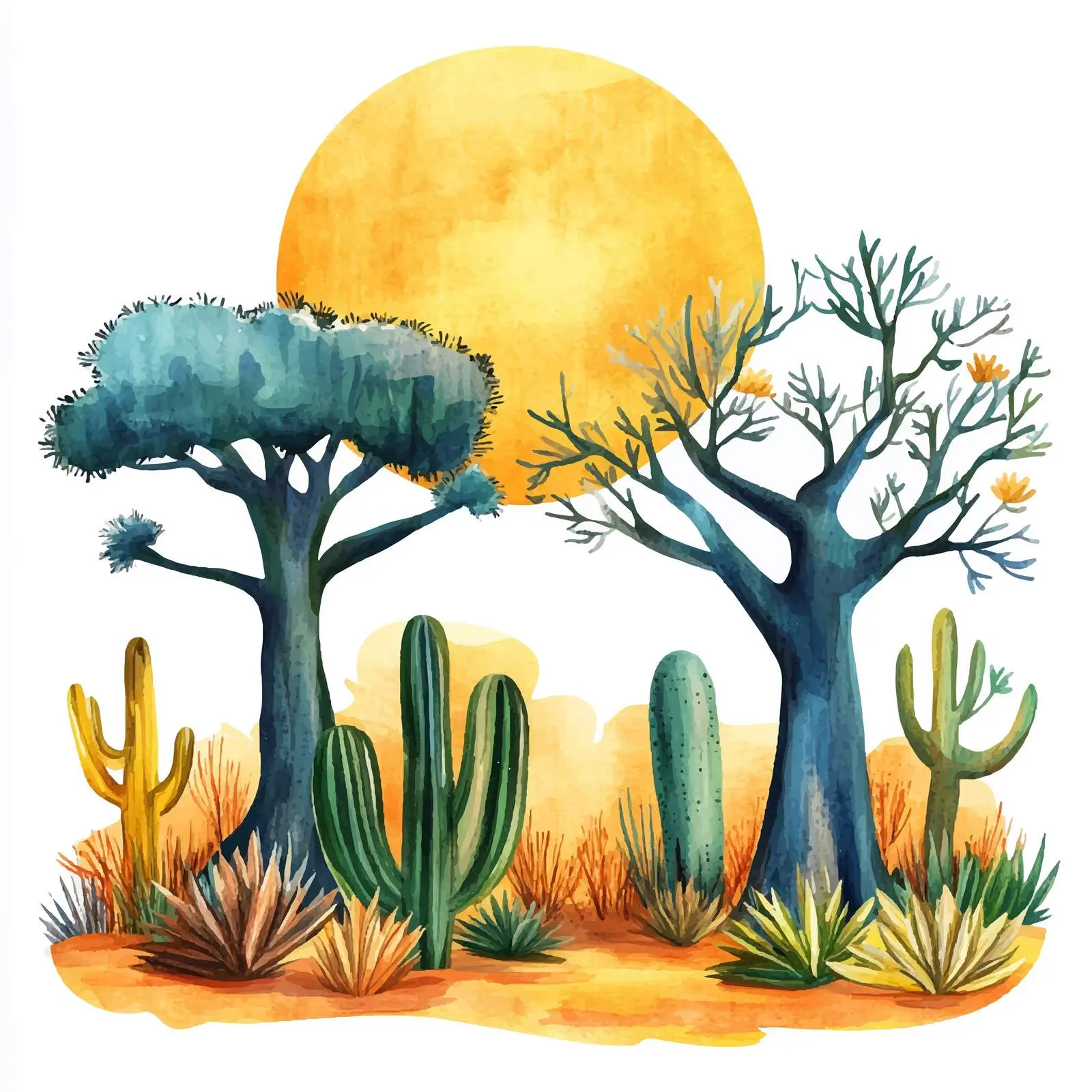 Cartoon African Landscape with Baobab and Cacti – free african image from Dotvec