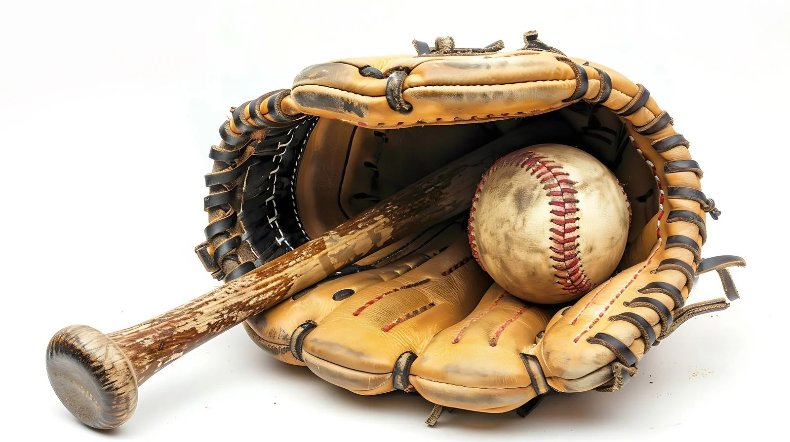 Low Angle View of Baseball Mitt and Brown Bat — free download from Dotvec