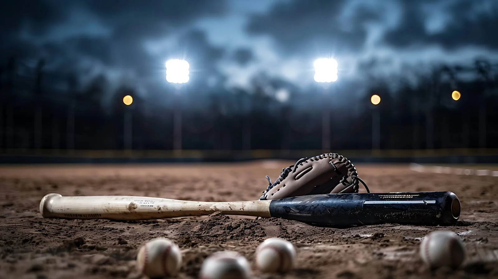 Nighttime baseball field with bat and mitt — free download from Dotvec