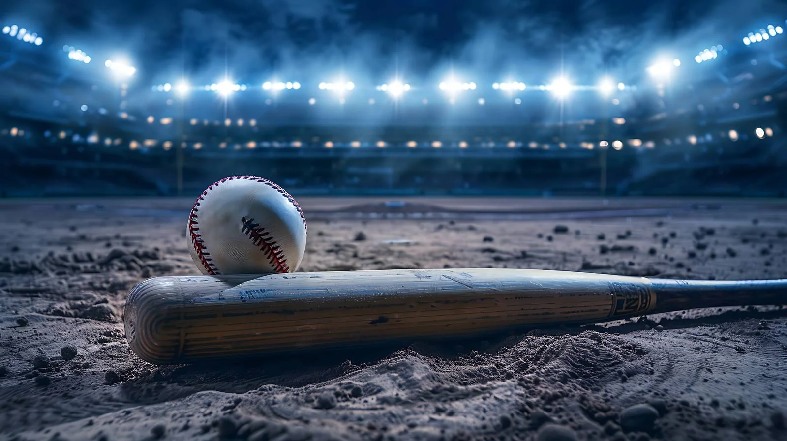 Nighttime baseball game at stadium with equipment — free download from Dotvec