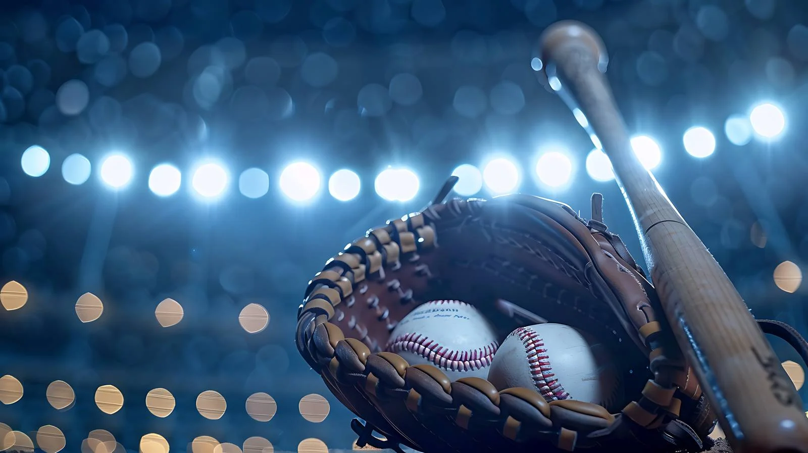 Nighttime baseball equipment at stadium under lights — free download from Dotvec