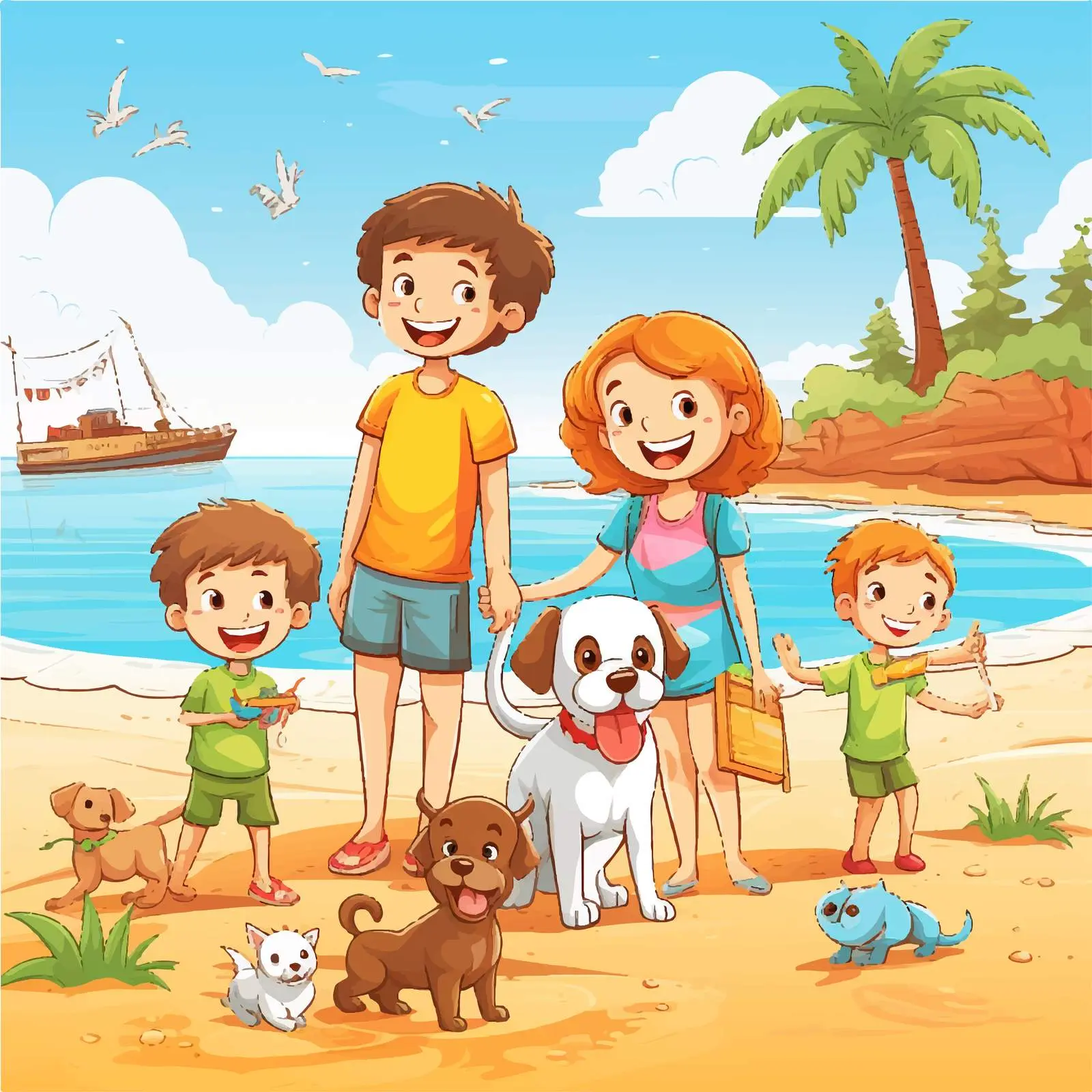 Daytime Beach Scene with Pets and Children — free download from Dotvec