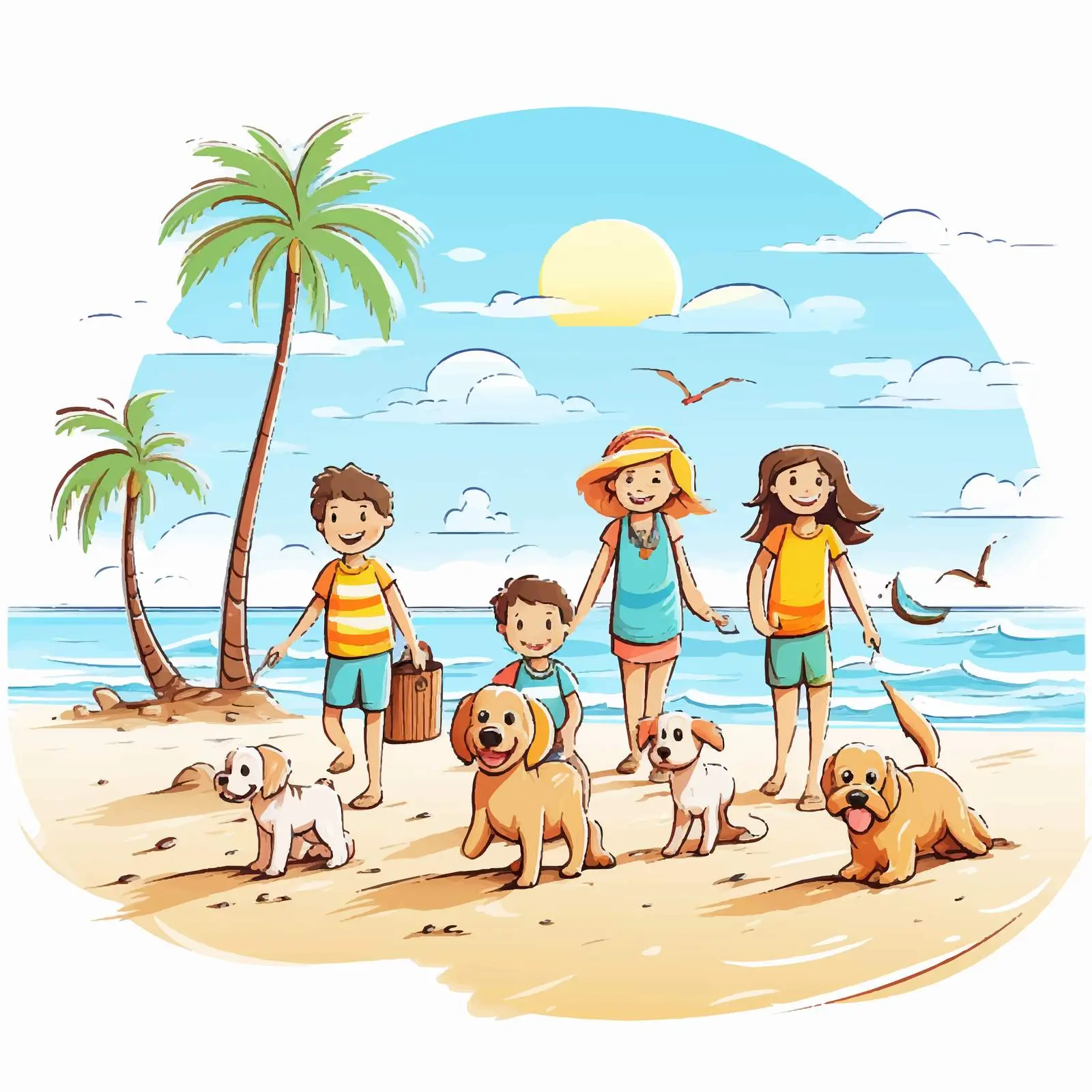 Daytime Beach Scene with Children and Pets — free download from Dotvec