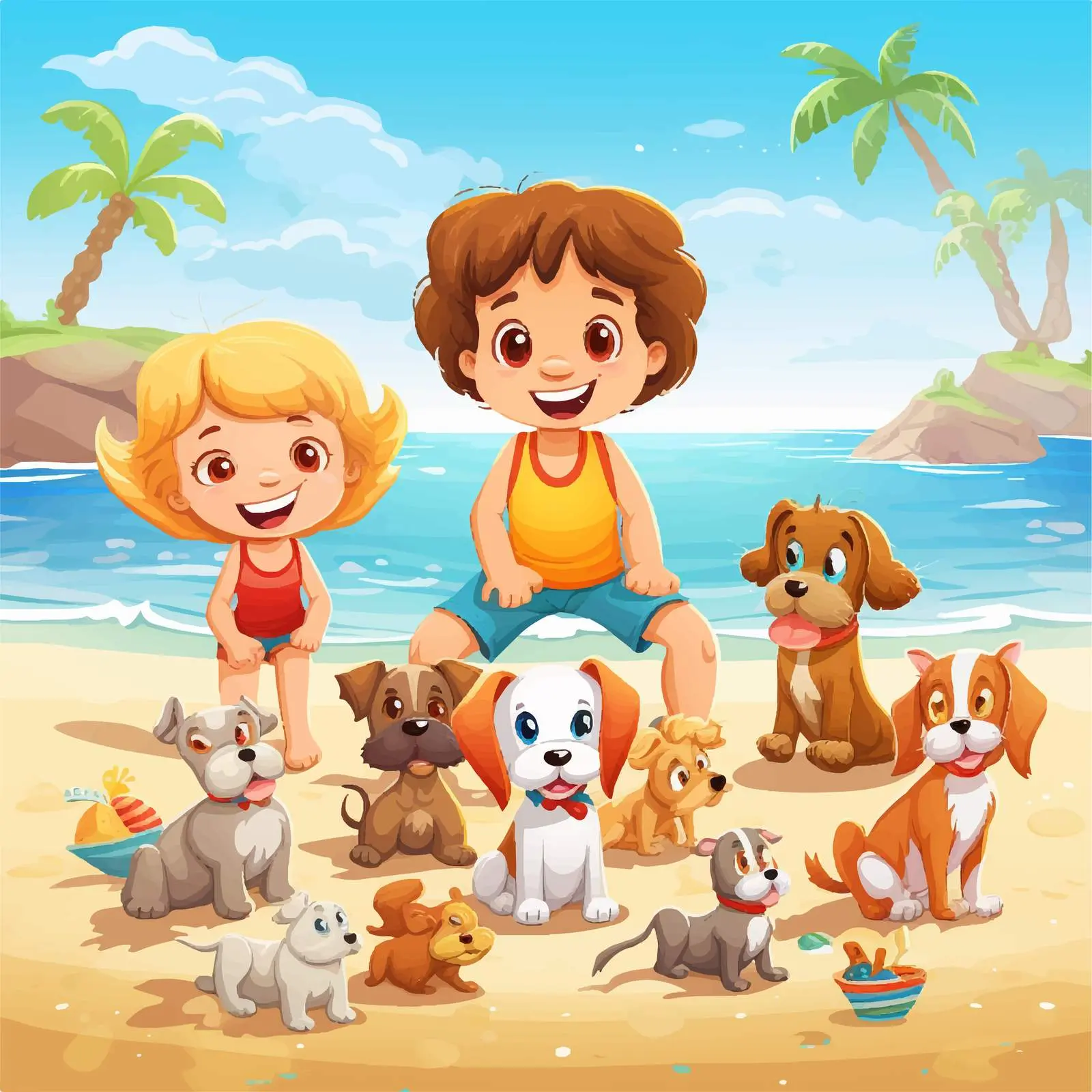 Beach Scene with Pets and Children — free download from Dotvec