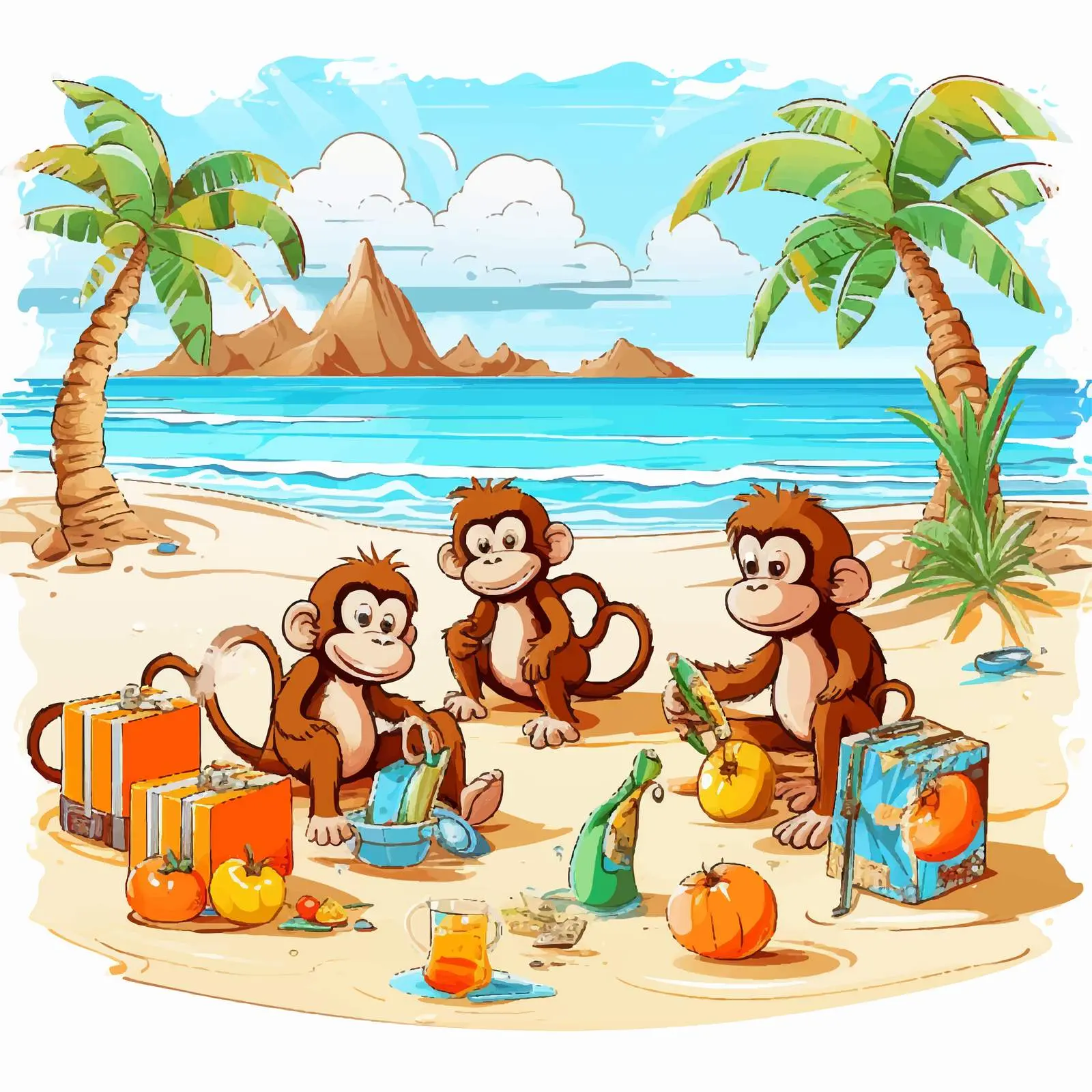 Playful Monkeys at the Beach Scene — free download from Dotvec