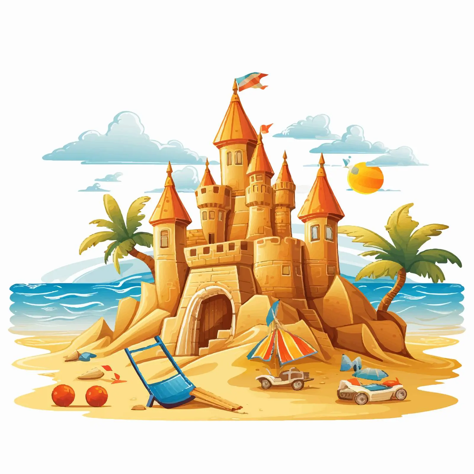Cartoon Beach Scene with Sand Castle and Toys — free download from Dotvec