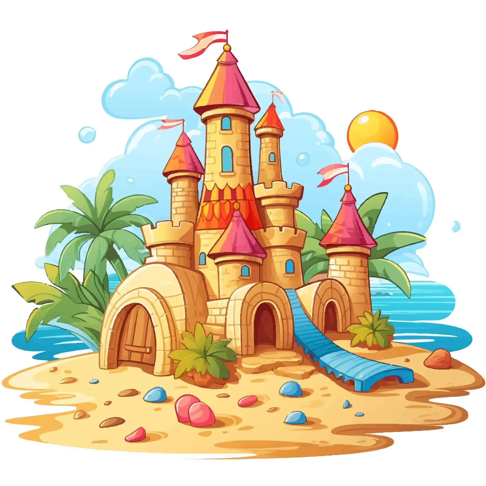 Beach Scene with Sand Castle and Objects — free download from Dotvec
