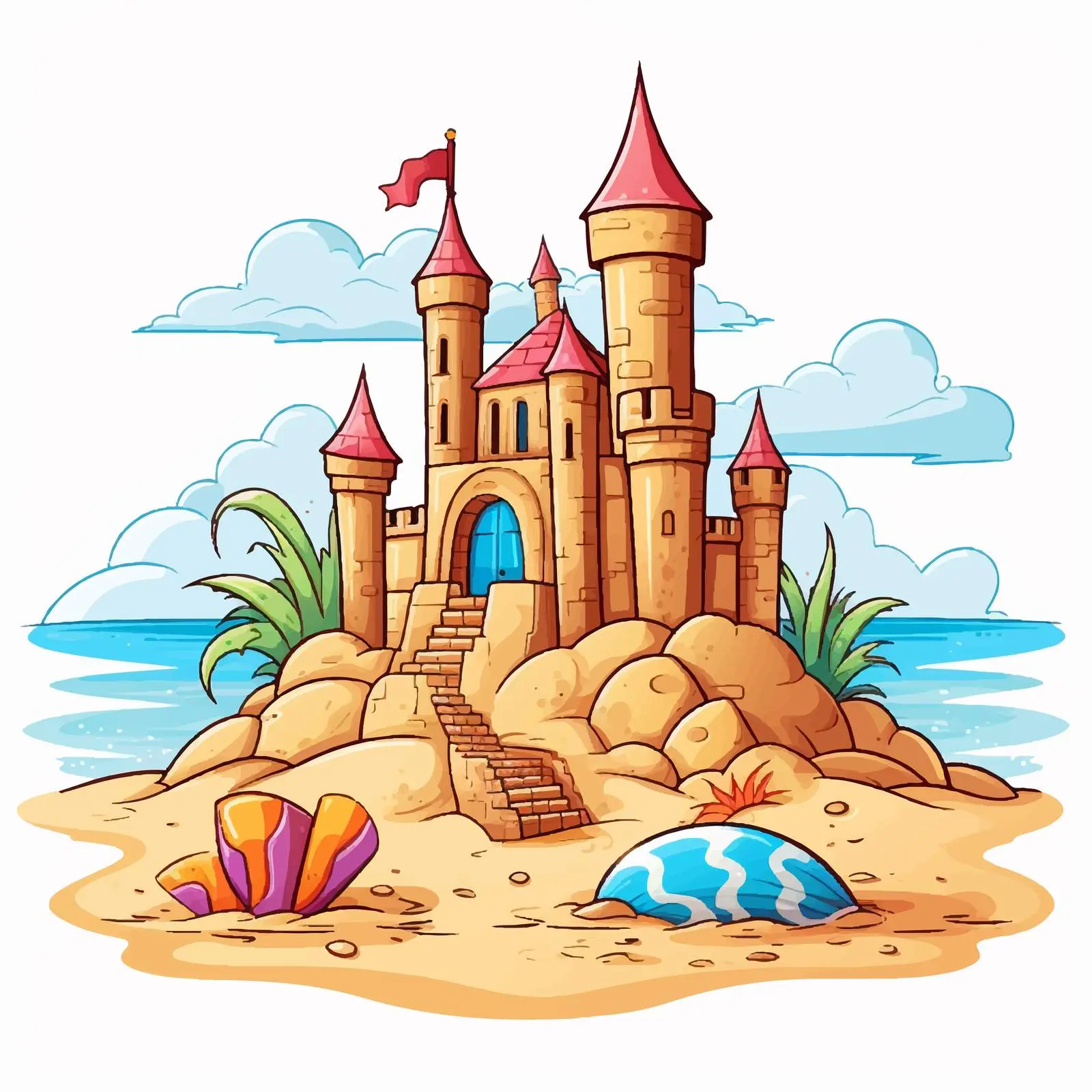 Cartoon Beach Scene with Sand Castle and Objects — free download from Dotvec