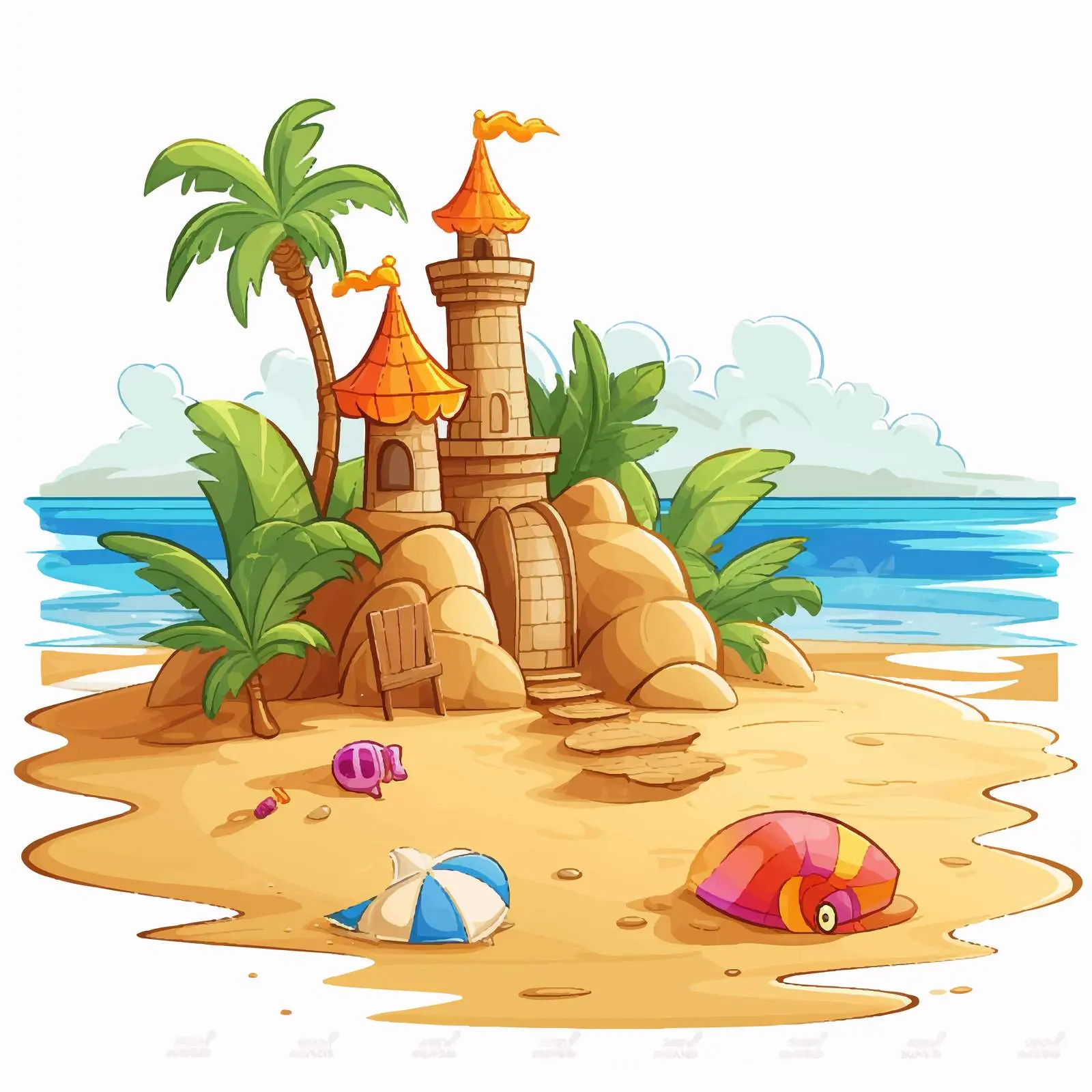 Cartoon Beach Scene with Sand Castle Illustration — free download from Dotvec