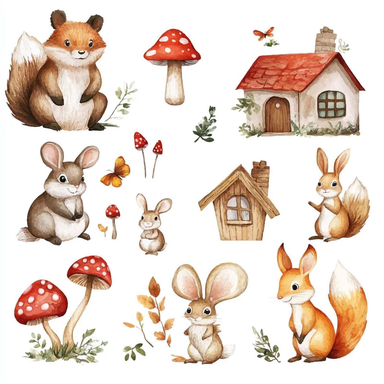 Whimsical Forest Animals with House and Mushrooms – free forest animals image from Dotvec