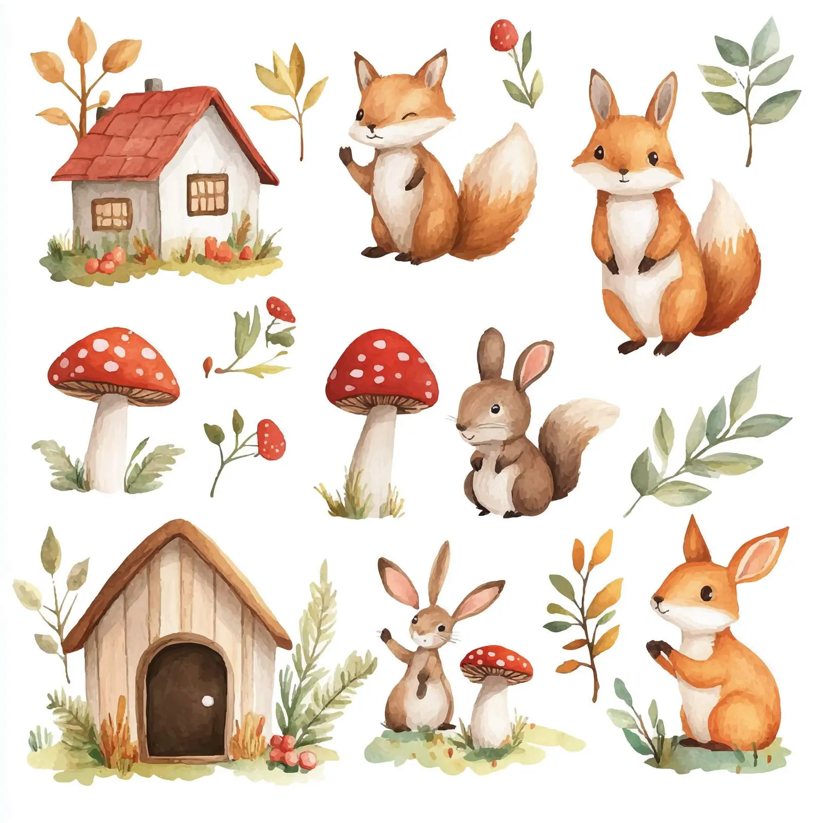Watercolor Forest Animals with Mushrooms – free ecology image from Dotvec