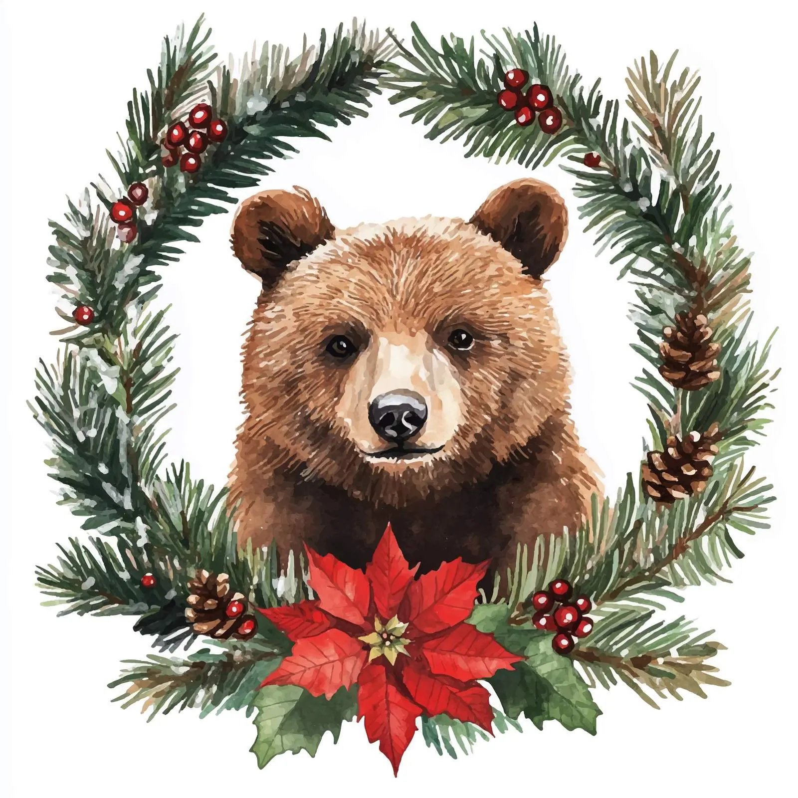 Bear Framed by Fir Branches and Poinsettia — free download from Dotvec