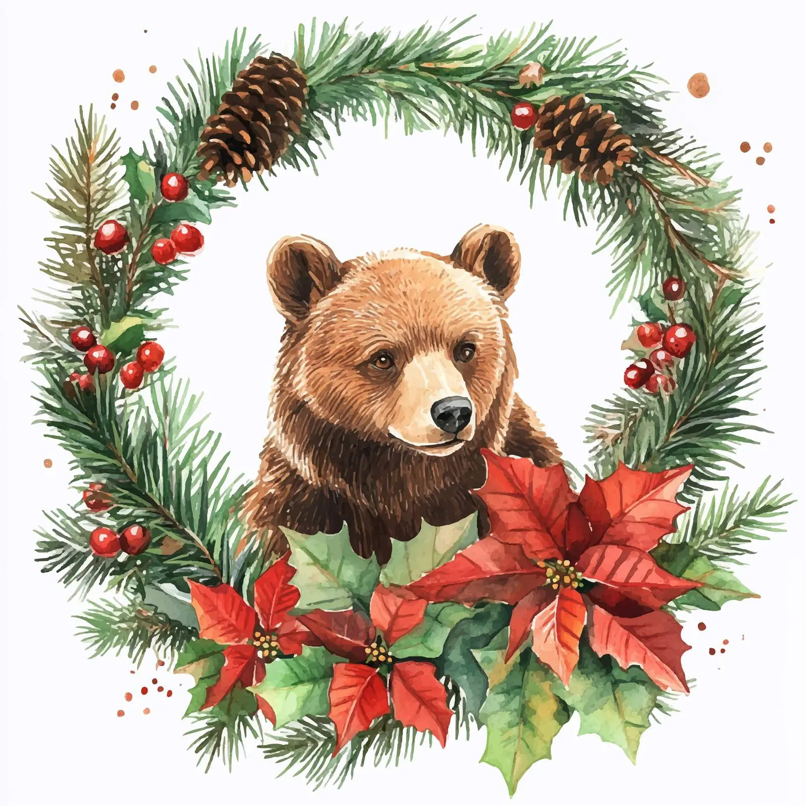 Watercolor Bear Framed by Fir Branches and Poinsettia — free download from Dotvec
