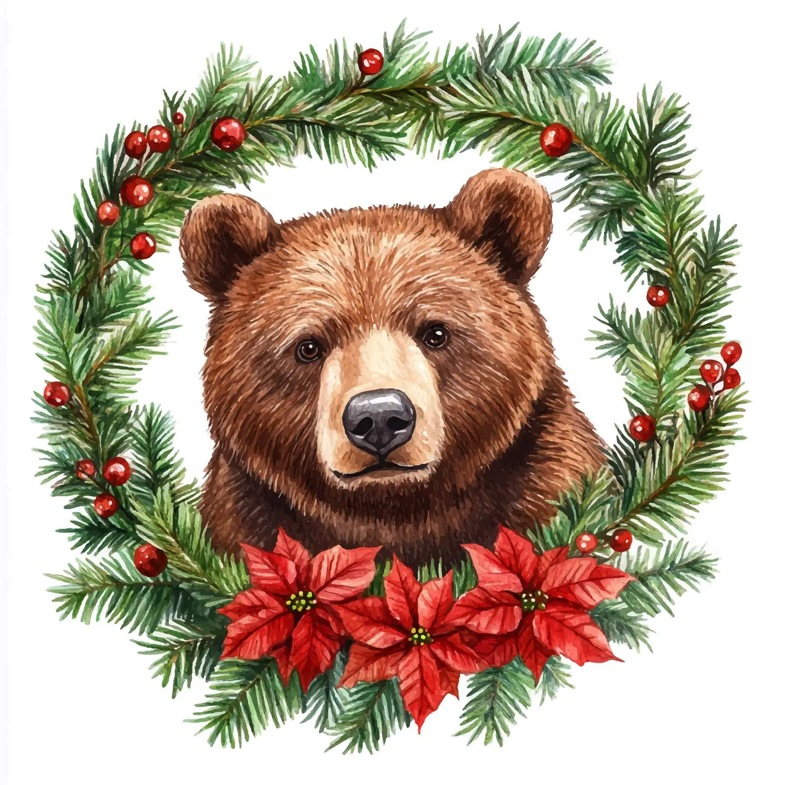 Bear in Fir Frame with Poinsettia Watercolor — free download from Dotvec