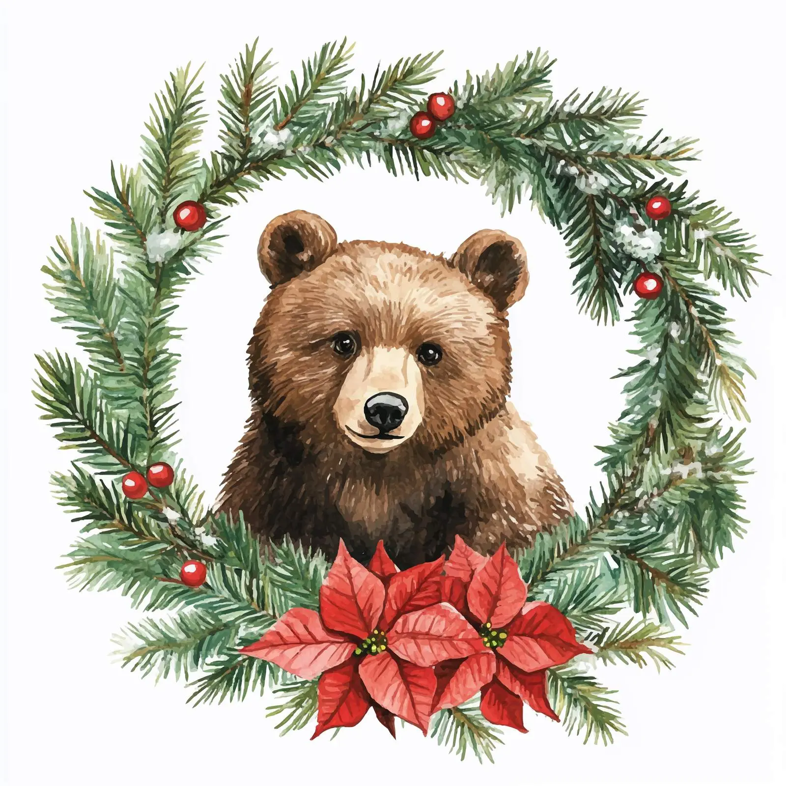 Bear Framed by Fir Branches and Poinsettia — free download from Dotvec
