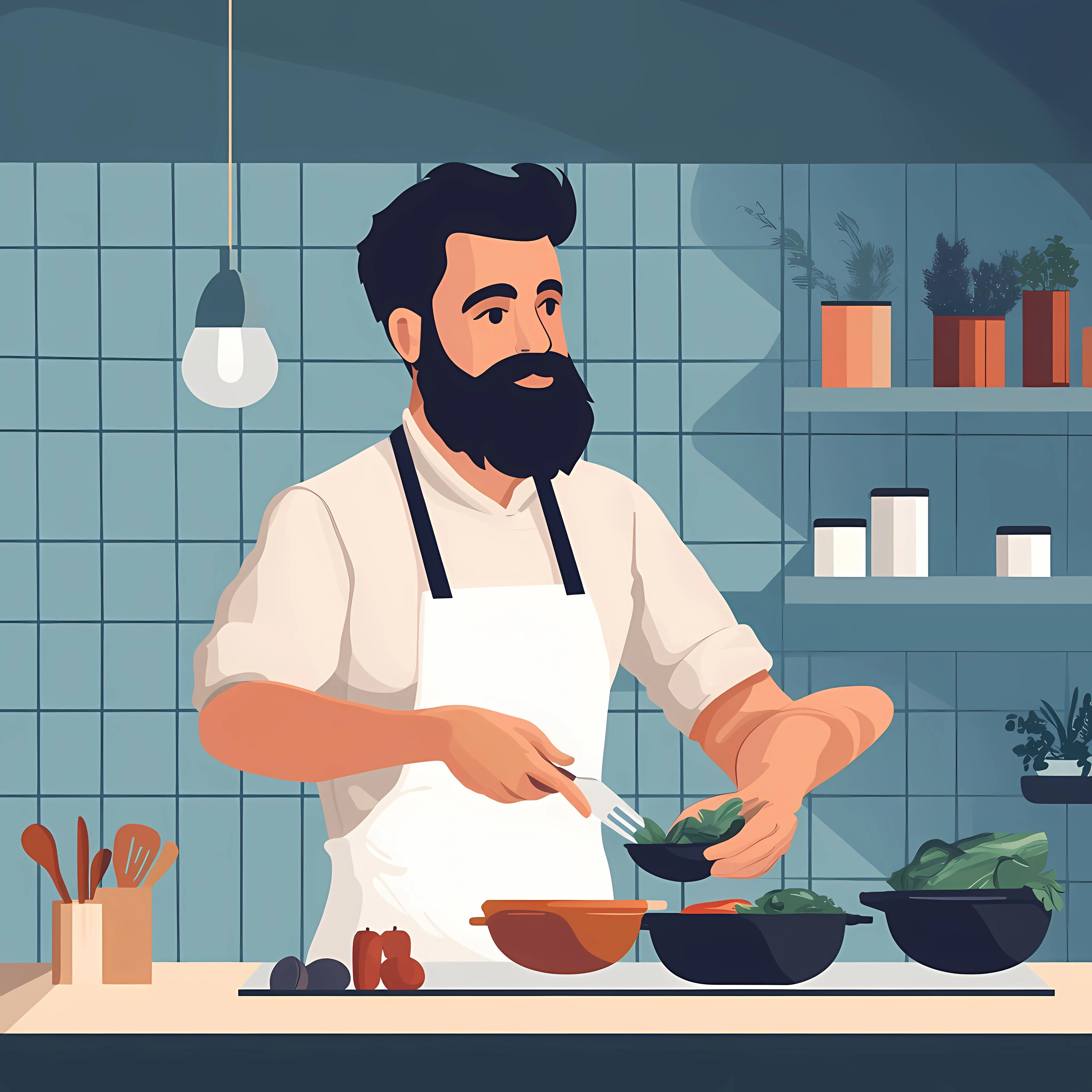 Bearded Man Cooking in Kitchen Animation — free download from Dotvec