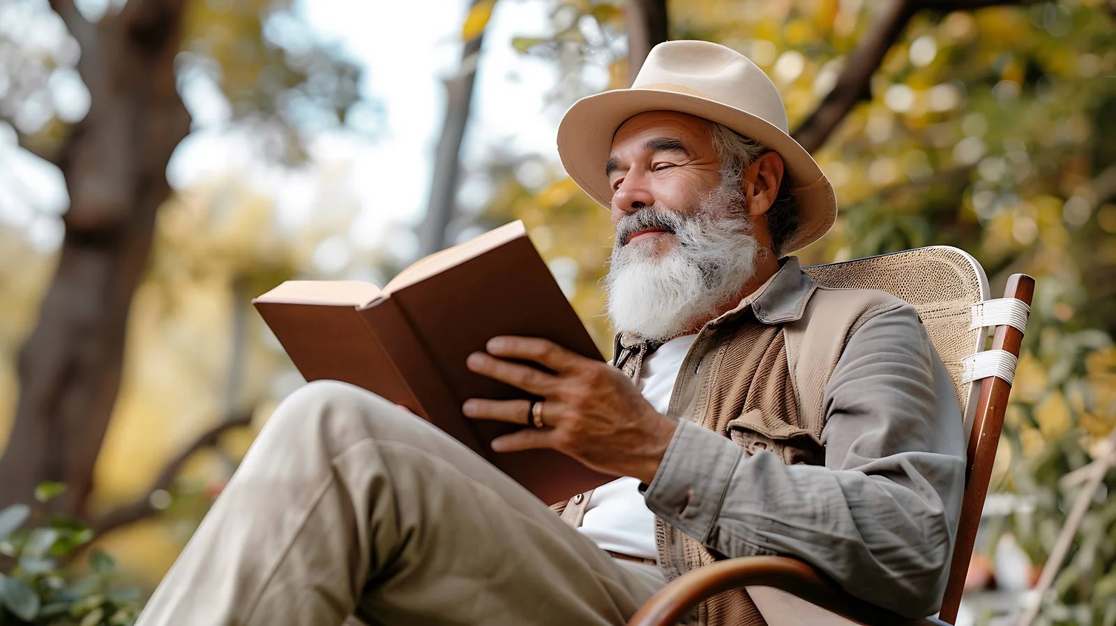 Serene mature man reading book outdoors — free download from Dotvec