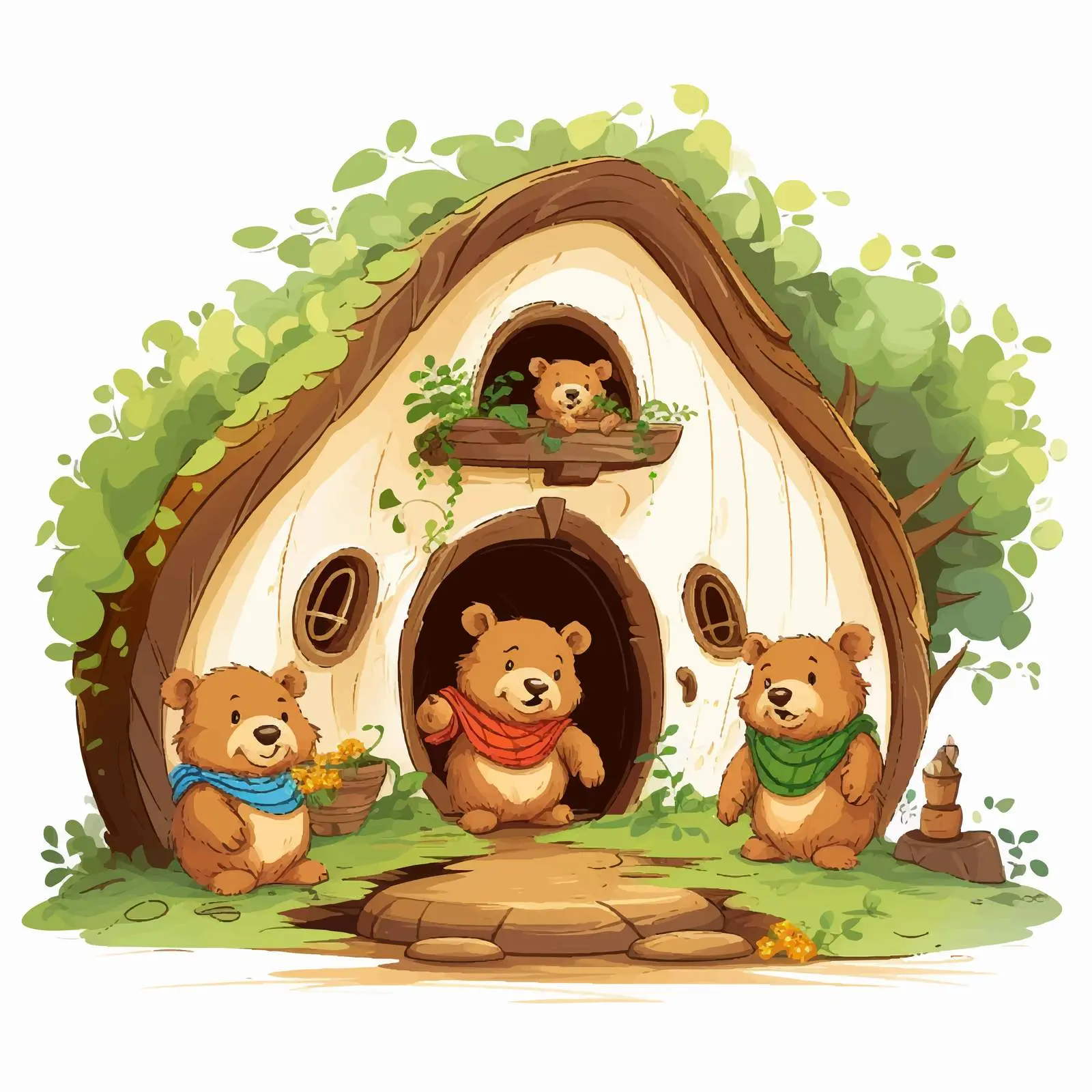 Bears at Hobbit House Illustration on White Background — free download from Dotvec