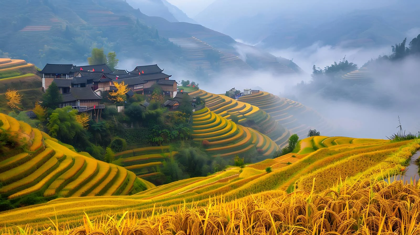 Idyllic Autumn Rice Harvest Scene in Longji — free download from Dotvec