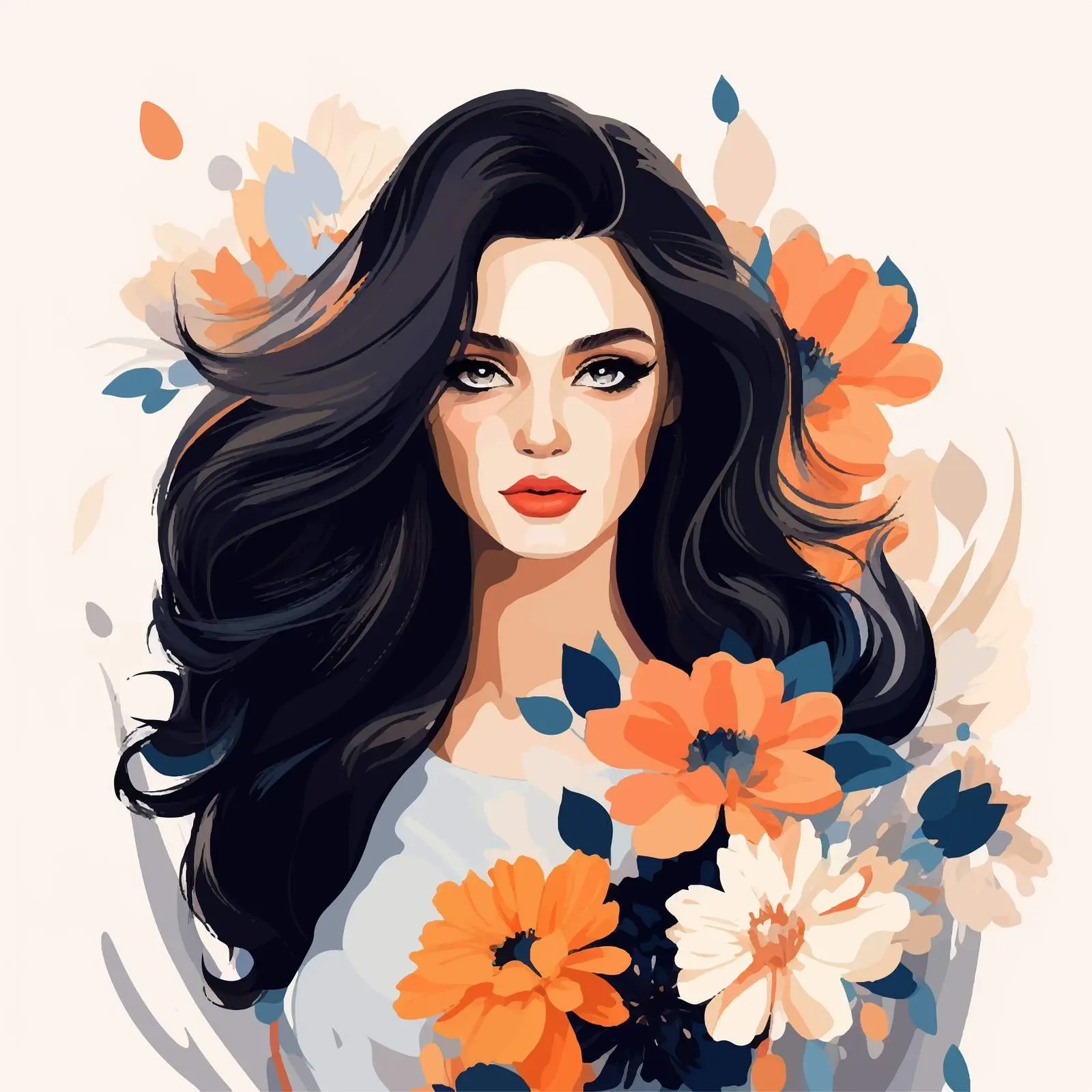 Stylish Dark-Haired Girl with Flower Vector Graphic — free download from Dotvec