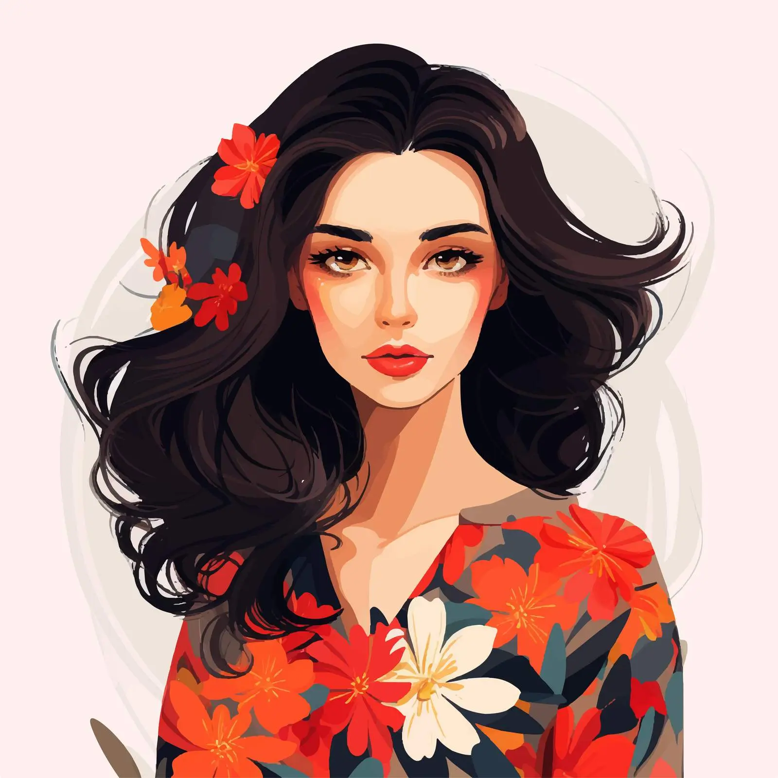 Stylish Dark Haired Girl with Flower Vector – free lady image from Dotvec