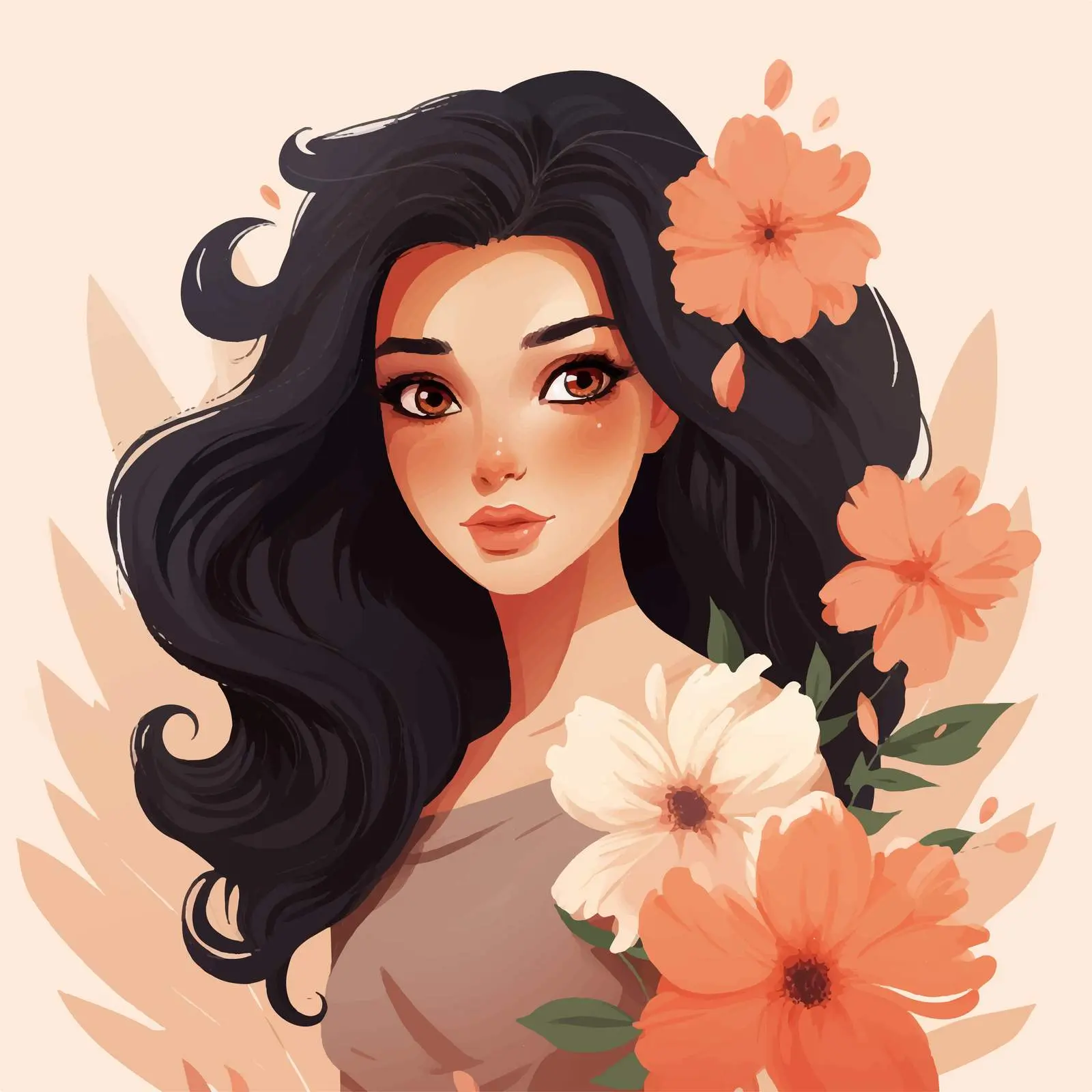 Stylish Vector of Dark-Haired Girl with Flower — free download from Dotvec