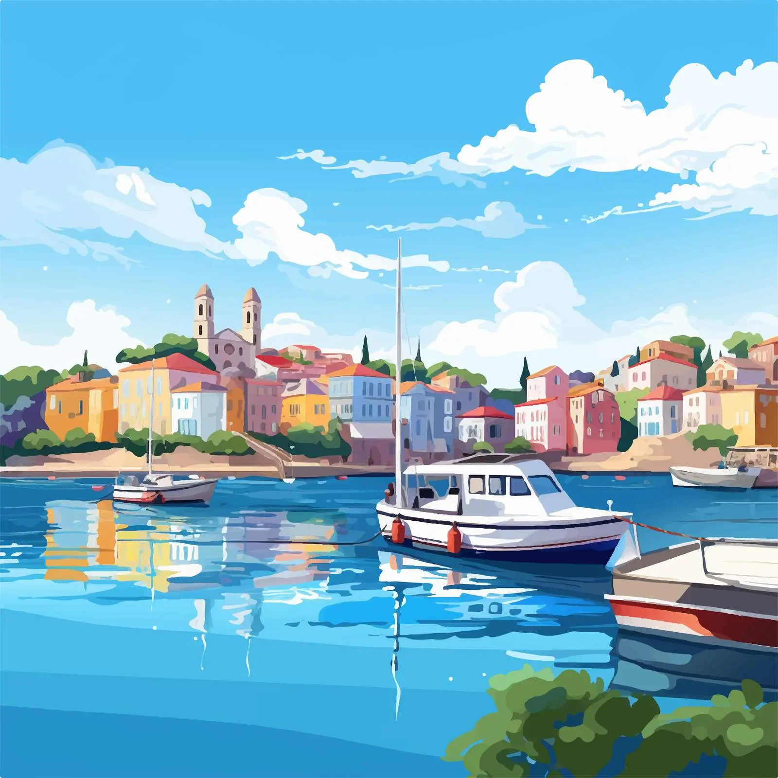 Charming European Coastal Town Vector Graphic — free download from Dotvec