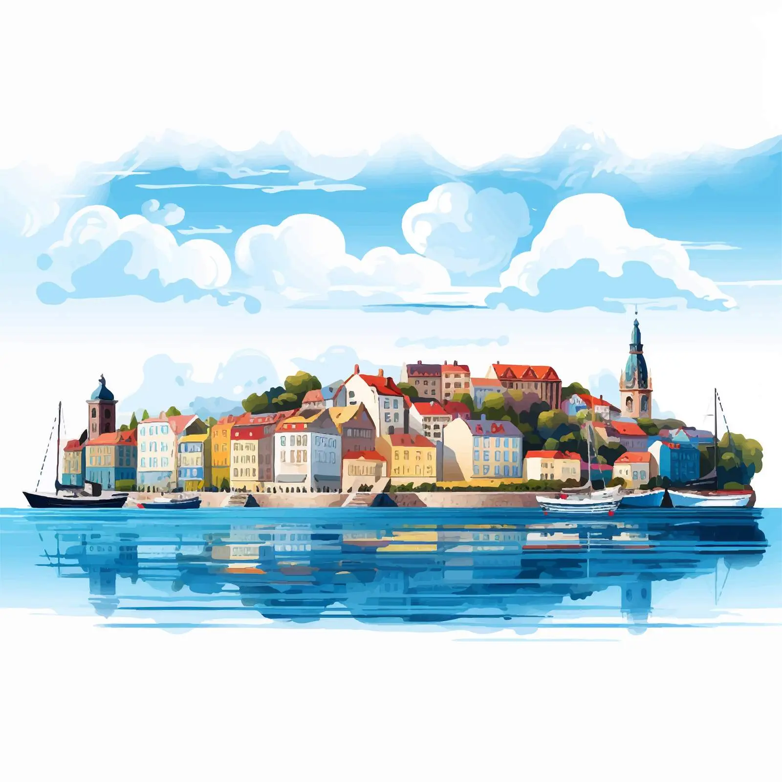 Charming European Town on Summer Coast Vector — free download from Dotvec