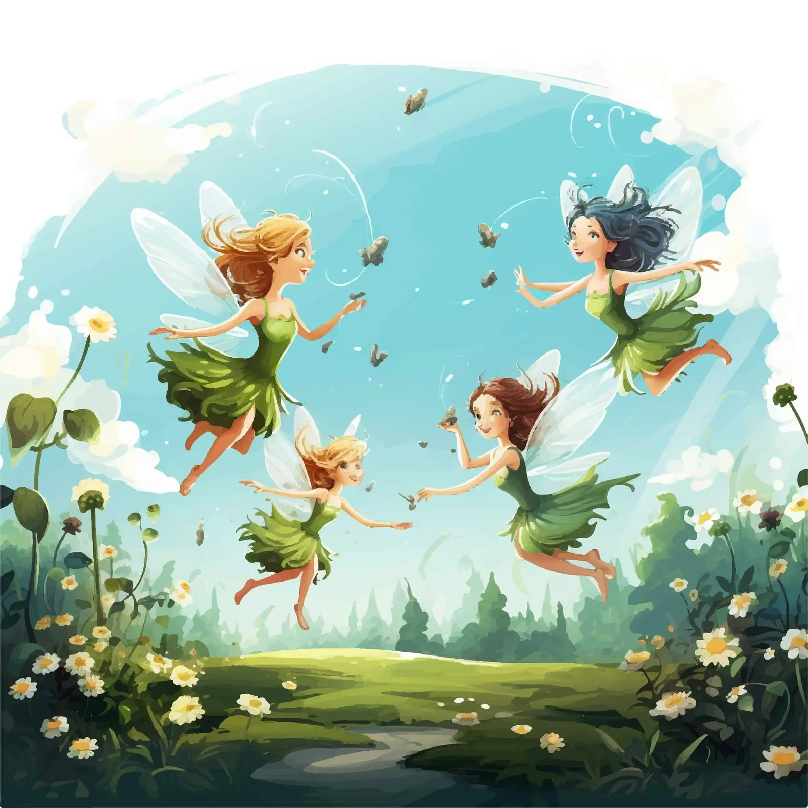 Fairies Flying in a Colorful Garden Vector – free fairyland image from Dotvec