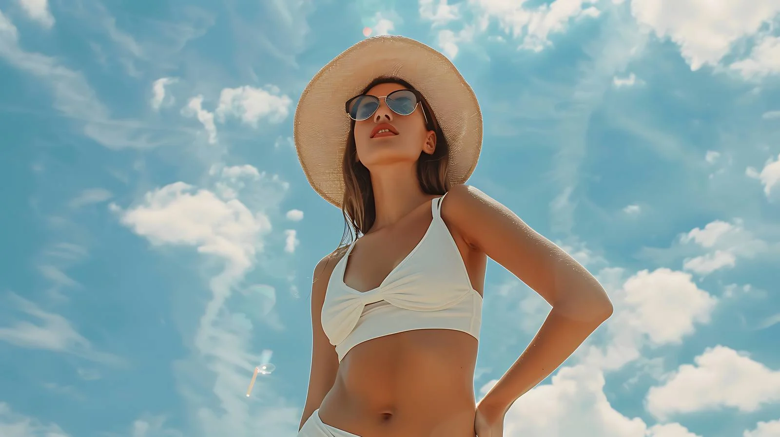 Fashion Model Swimsuit Poses Sky Background — free download from Dotvec