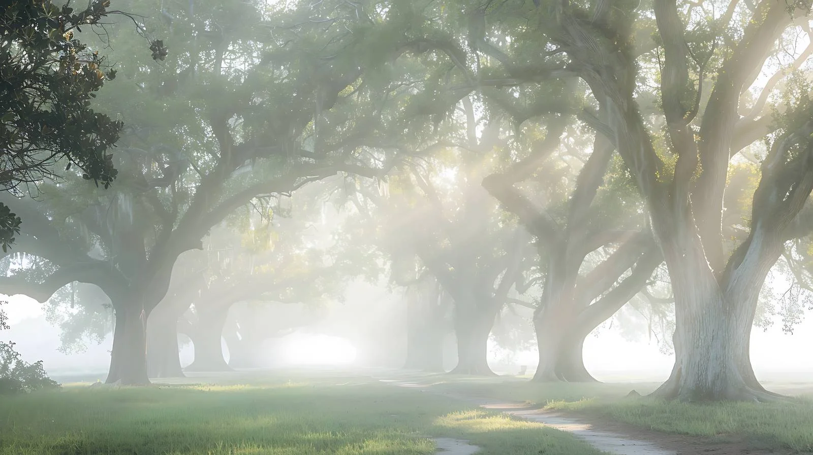 Misty Sunrise Over Ancient Oak Trees – free oak tree image from Dotvec