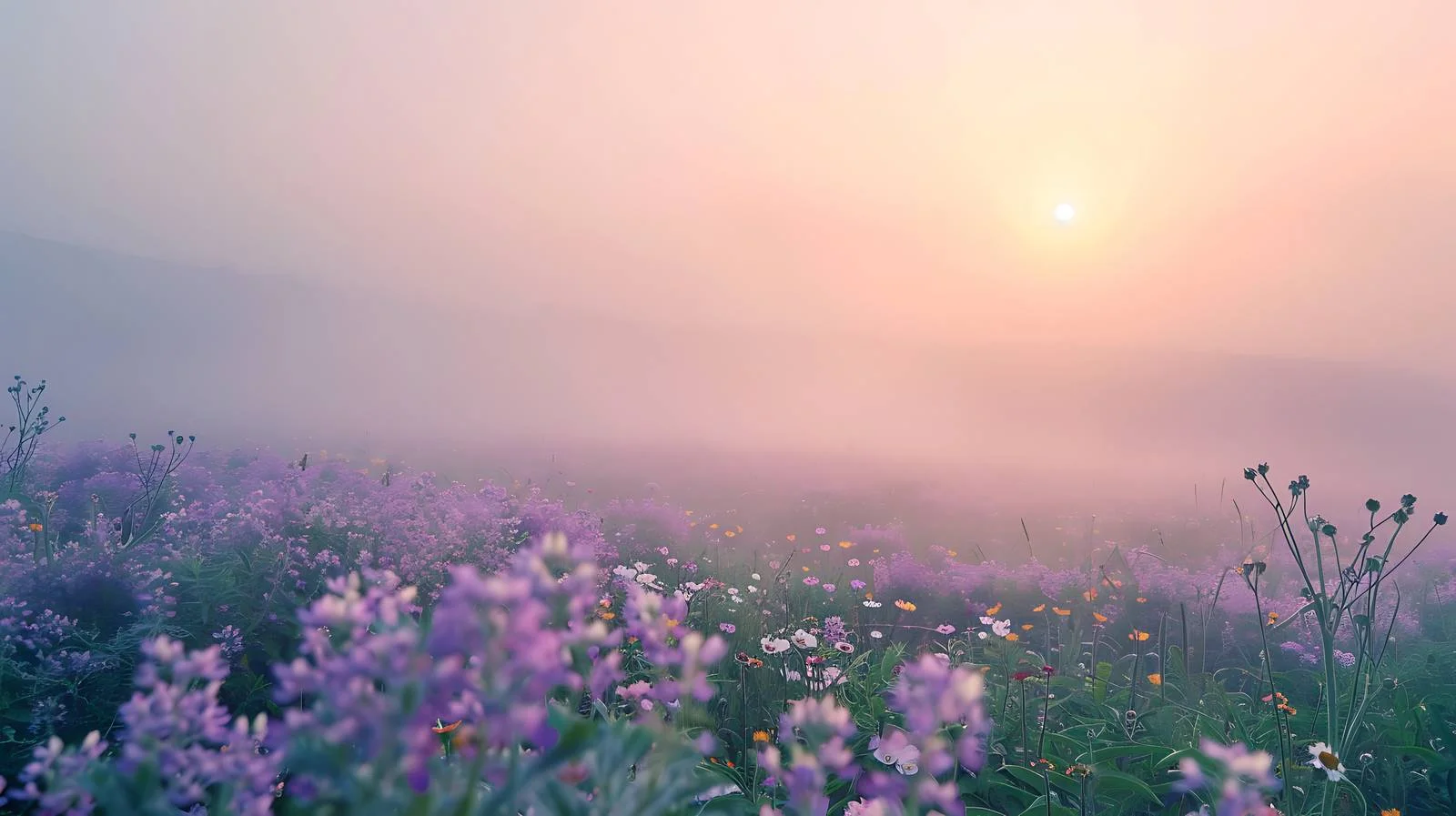 Majestic sunrise illuminating flower-filled misty meadow — free download from Dotvec