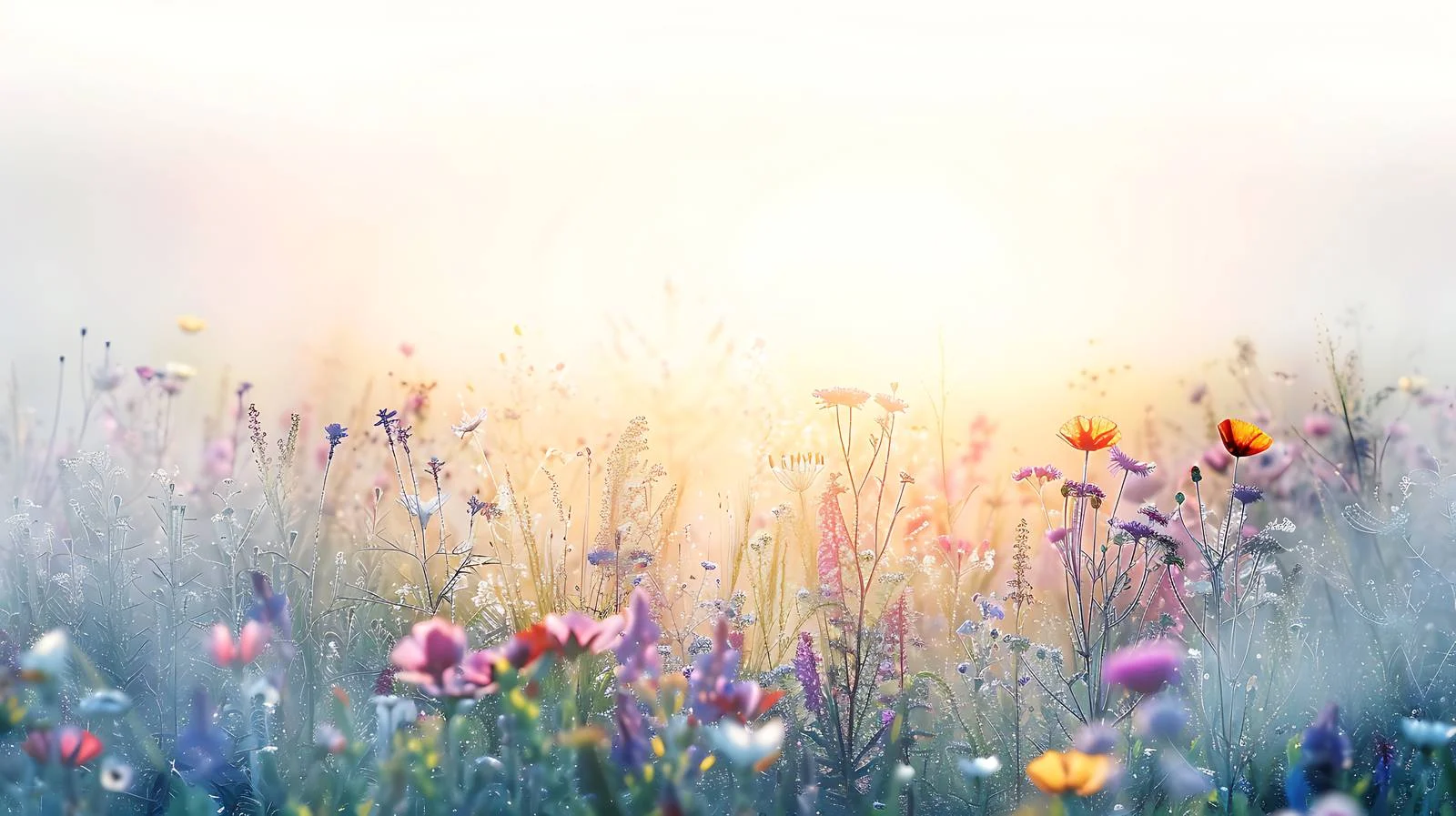 Serene sunrise illuminates misty flower field — free download from Dotvec