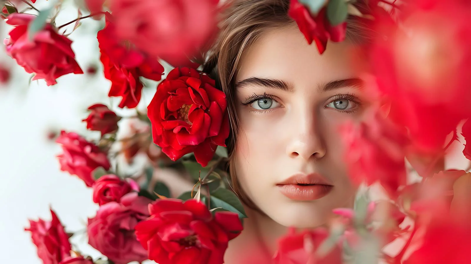 Enchanting woman obscured by vibrant rose bush — free download from Dotvec