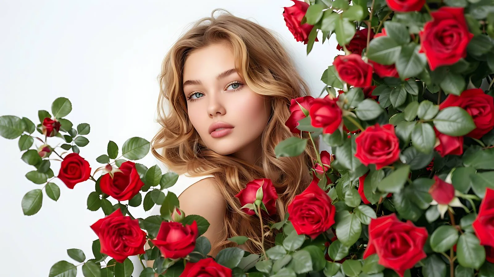 Serene woman near vibrant rose bush — free download from Dotvec