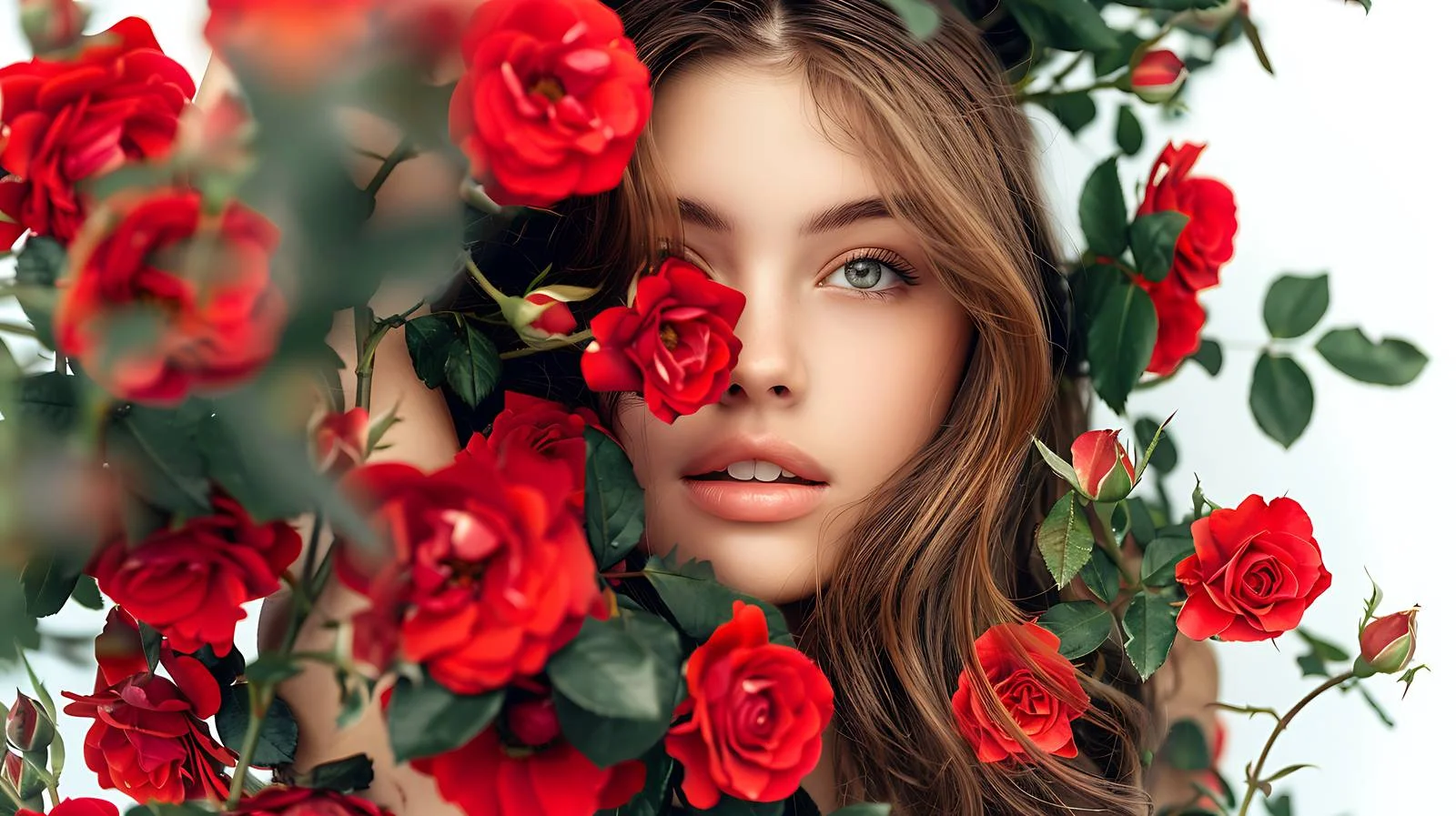 Serene girl near blooming red rose bush — free download from Dotvec