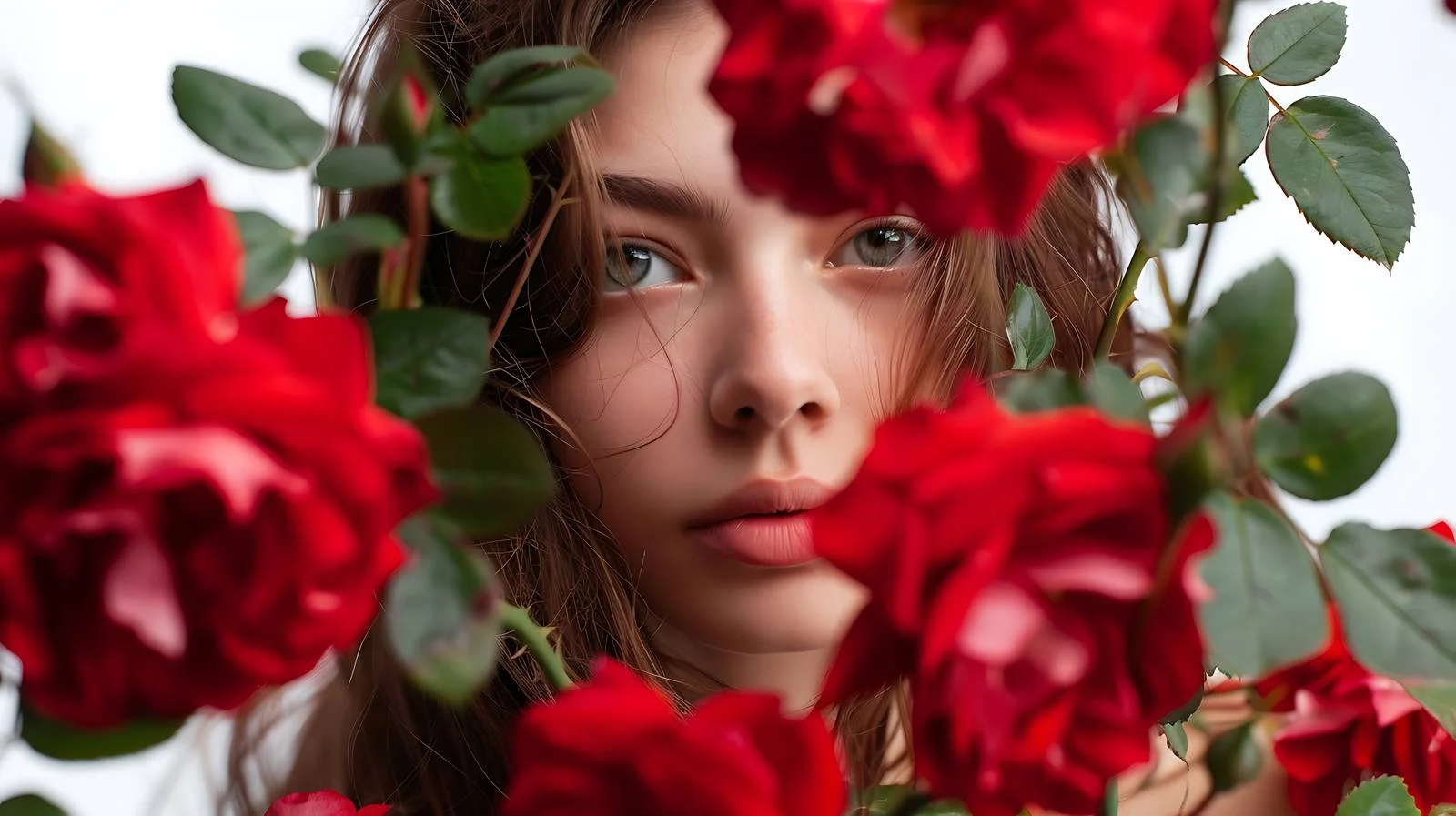 Elegant woman peeking through vibrant rose bushes — free download from Dotvec