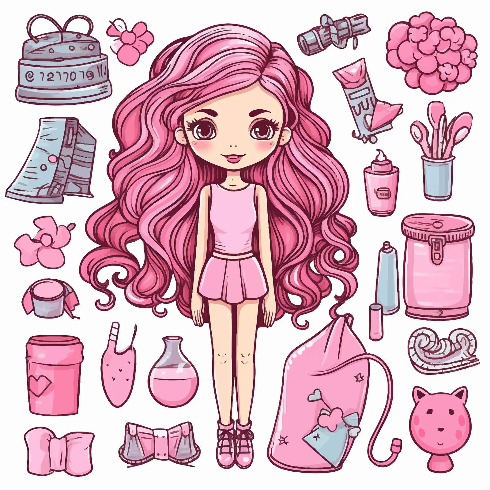 Doll Accessories in Pink Doodle Style – free adorable character image from Dotvec