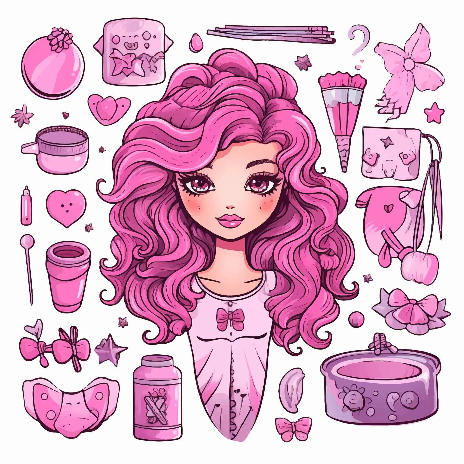 Doodle Style Girl Doll Accessories in Pink — free download from Dotvec