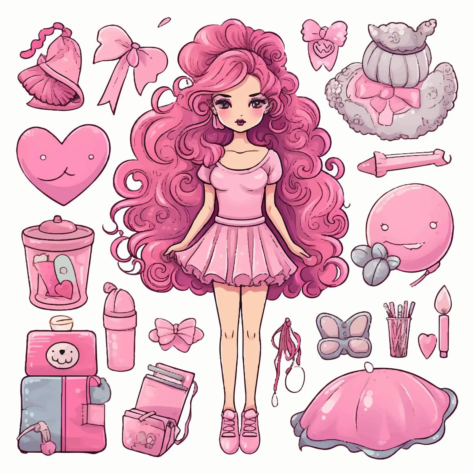 Stylish Doll Accessories in Pink Doodle Design — free download from Dotvec