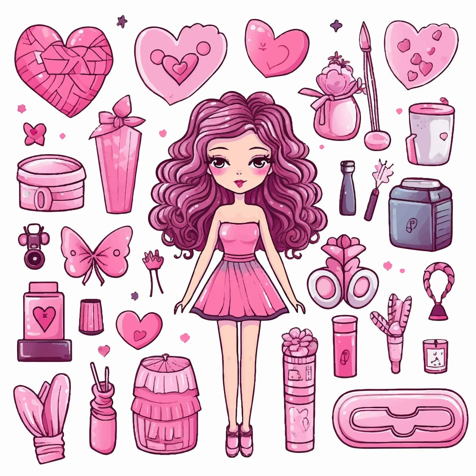 Beautiful Doll Accessories in Pink Doodle Style — free download from Dotvec