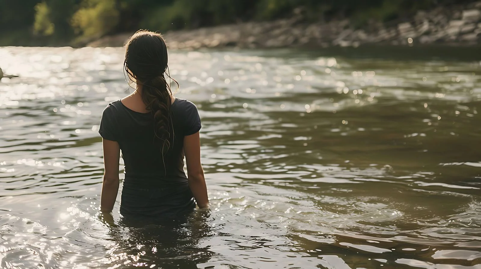Graceful woman wades in river waters — free download from Dotvec