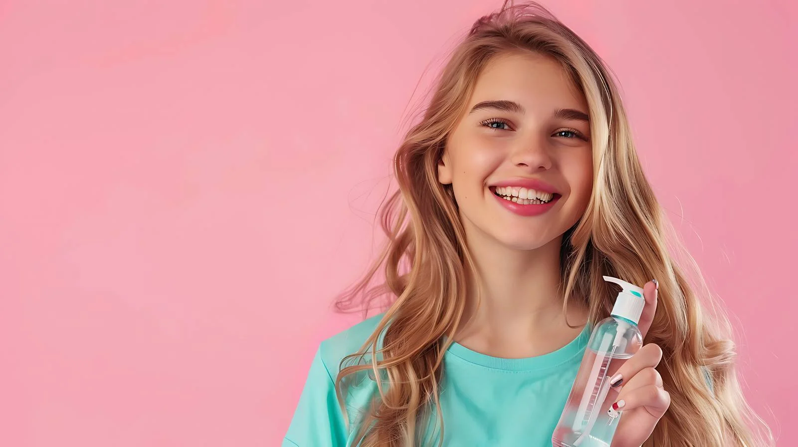 Elegant Girl Using Mouthwash on Pink Background — free download from Dotvec
