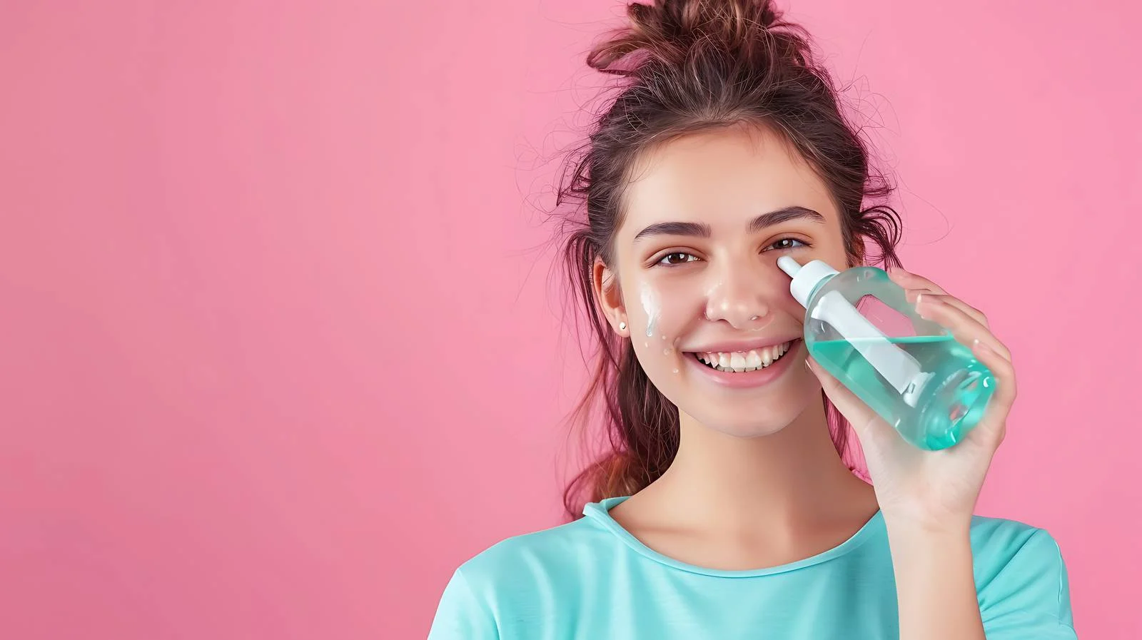Girl using mouthwash on pink background — free download from Dotvec