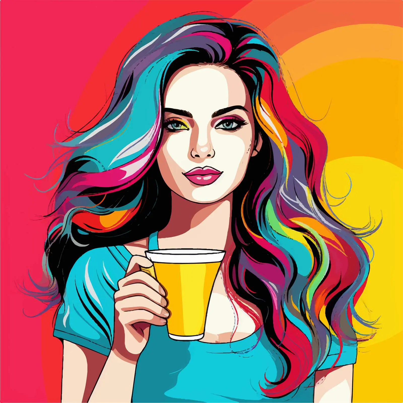 Beautiful Girl with Long Hair and Cup Illustration — free download from Dotvec